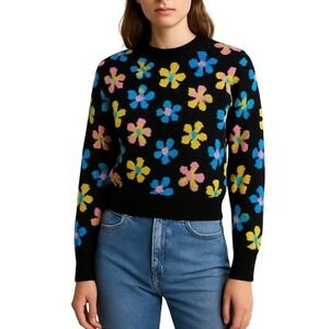 A-LAB Retro Floral Black Crewneck Sweater Sze S Kidcore Maximalist Playful Indie